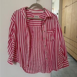 Free People Pink and White Striped Button Down Shirt